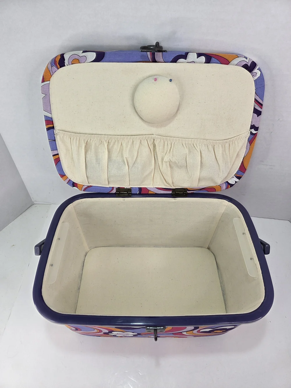VTG. 1960-70s Peter Max Style Print Sewing Basket Groovy Flower Power Colors